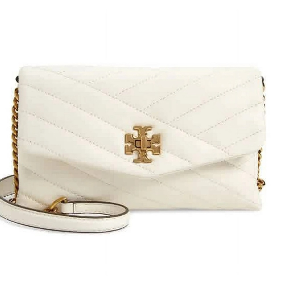Tory Burch Kira Chevron Chain Quilted Crossbody Wallet with Gold Logo